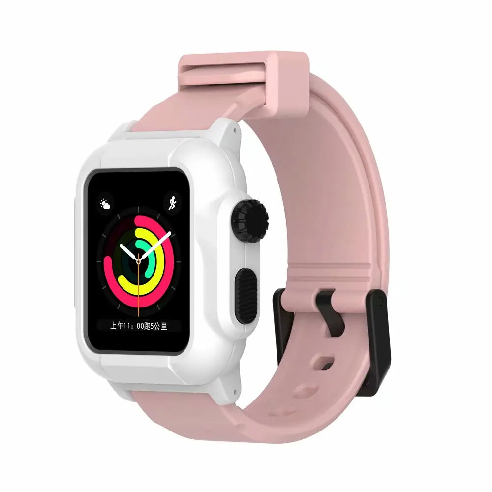 Apple Watch with pink silicone strap, featuring a luminous waterproof design for active lifestyles.