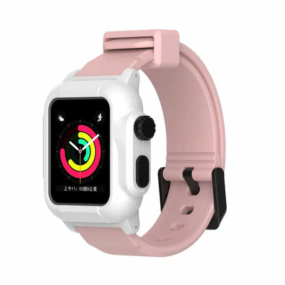 Apple Watch with pink silicone strap, featuring a luminous waterproof design for active lifestyles.