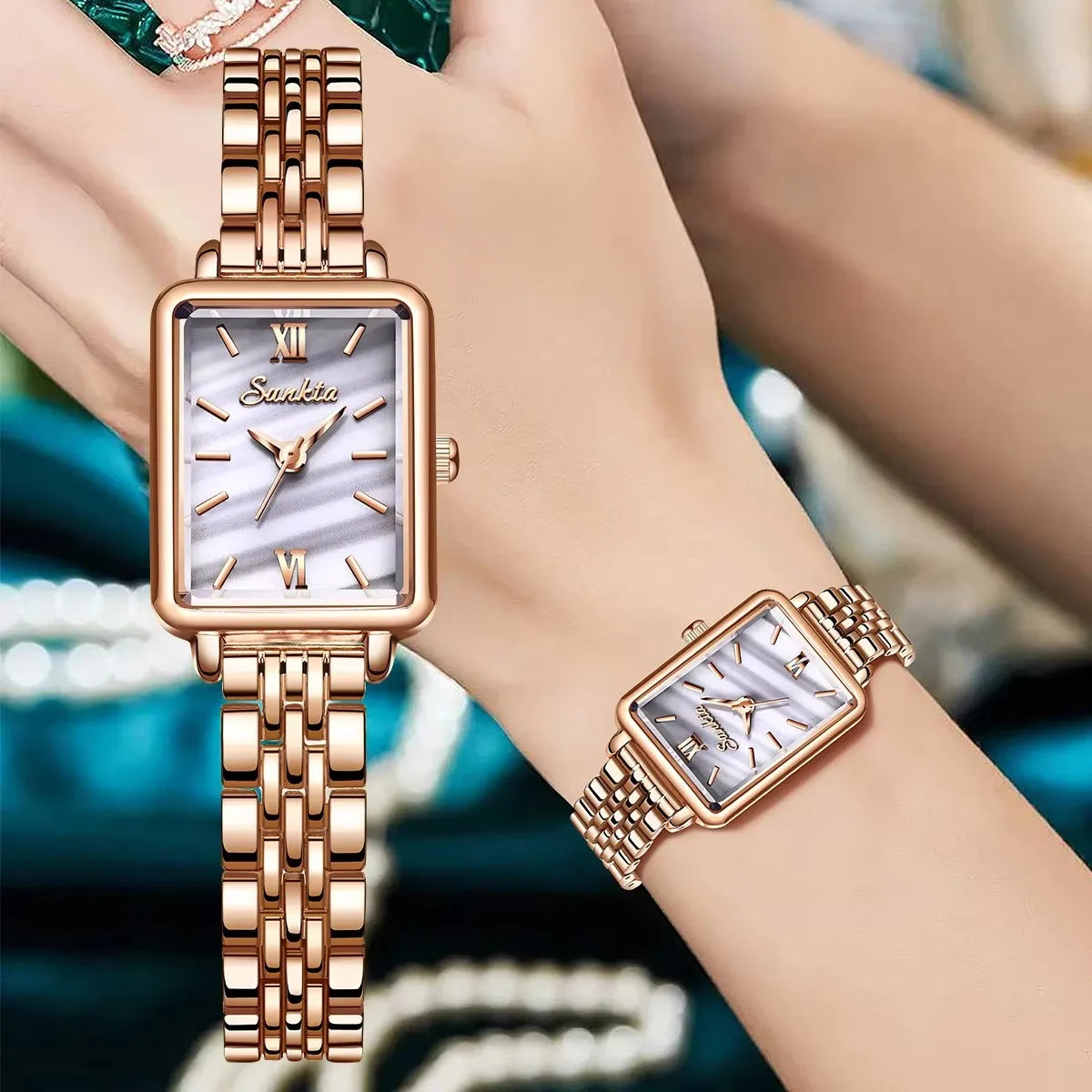 Women's Rectangular Pearl-Effect Dial Watch — Rose gold-tone watch worn on wrist — BandsCo Straps