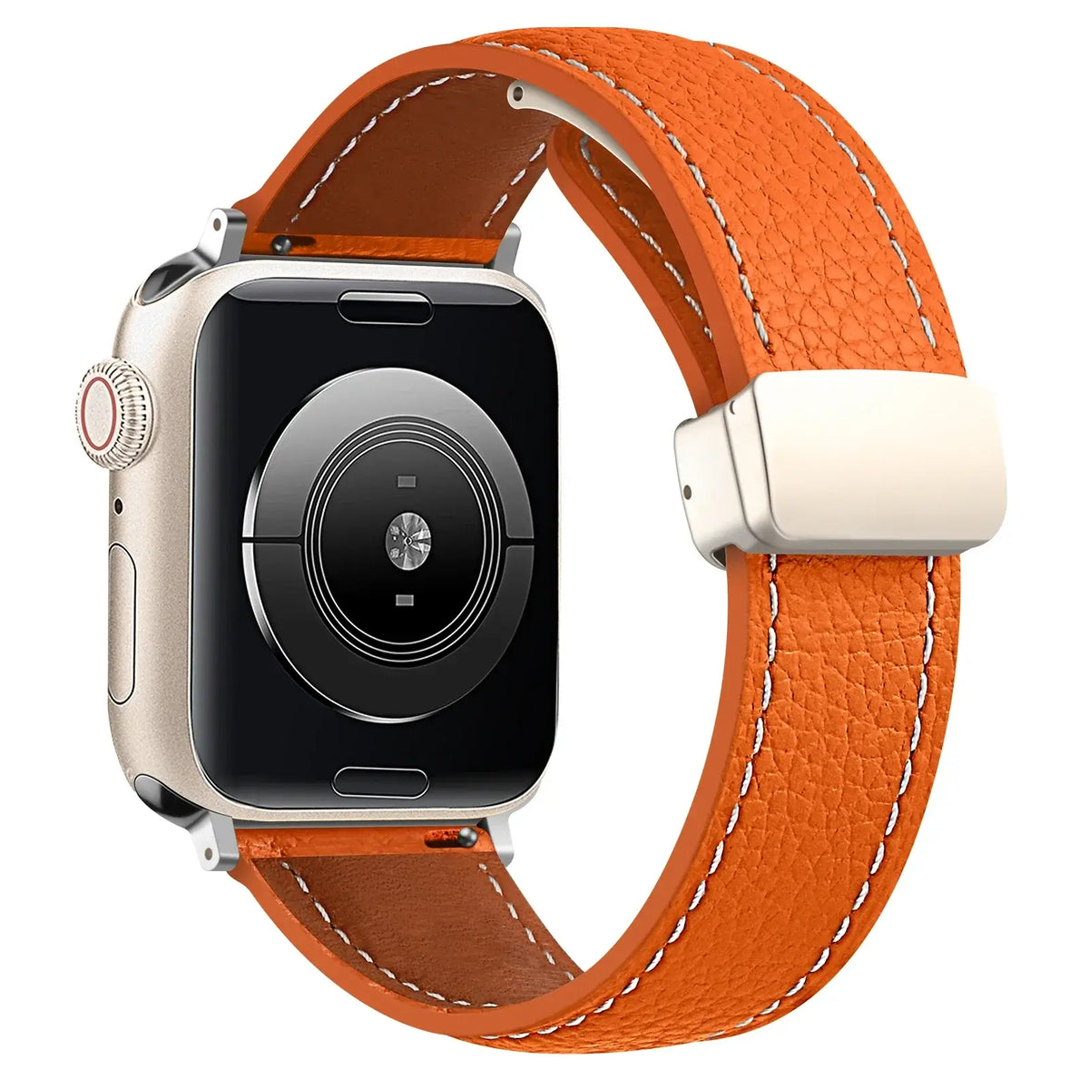 Stitched leather Apple Watch band in Orange, with silver-tone folding clasp.