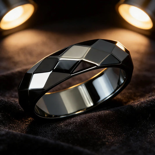 Simulated Hematite Wide-Facet Band Ring