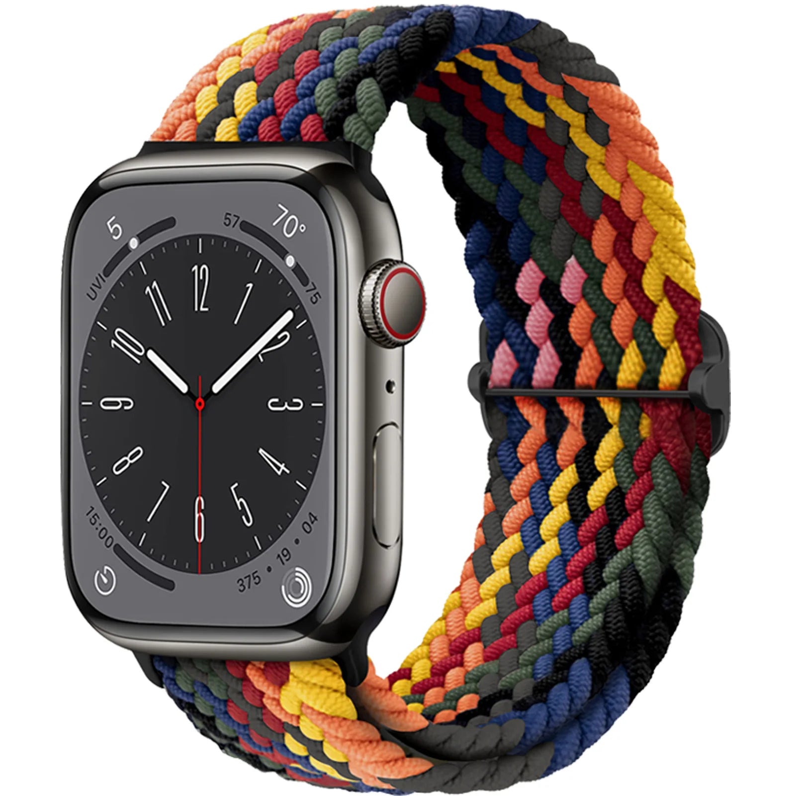 Apple Watch with braided elastic nylon strap in colorful design, offering comfort and style for everyday wear.