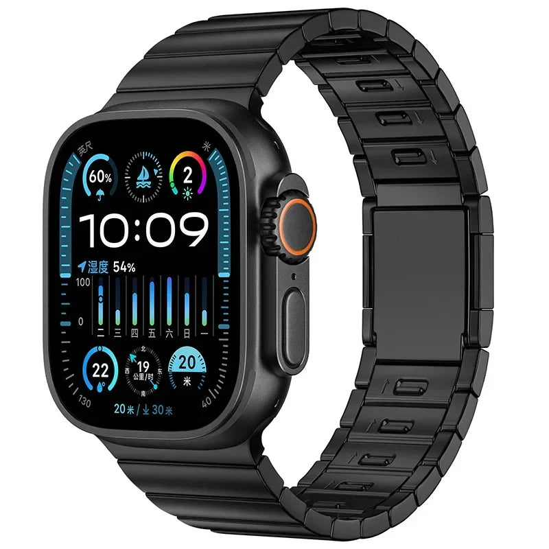 Apple Watch with black stainless steel magnetic buckle band featuring a sleek design and modern display.