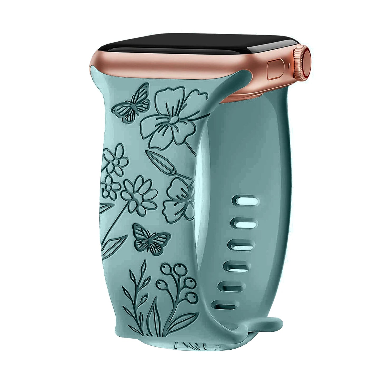 Apple Watch silicone strap in teal with floral engravings, soft, waterproof, ideal for stylish comfort.