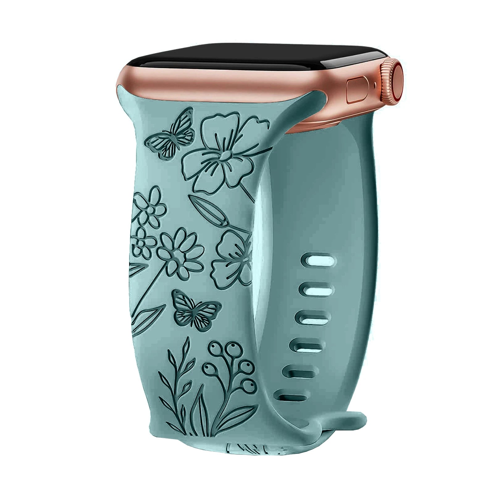 Apple Watch silicone strap in teal with floral engravings, soft, waterproof, ideal for stylish comfort.