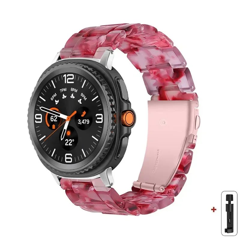 Samsung Galaxy Resin Link Watch Band - Tortoise Women Watch8/Watch8 Classic/Watch9 Ultra/Ultra2 in peach color with stainless steel clasp.
