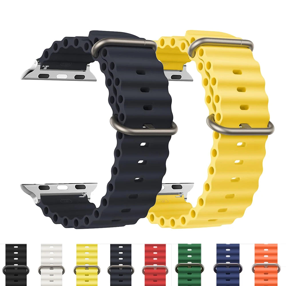 Dark and yellow ribbed silicone Apple Watch bands with color previews