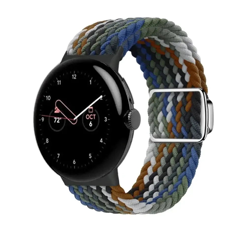 Stretch Braided Google Pixel Watch Loop with Metal Slider in Green / Brown / White / Blue Stripe