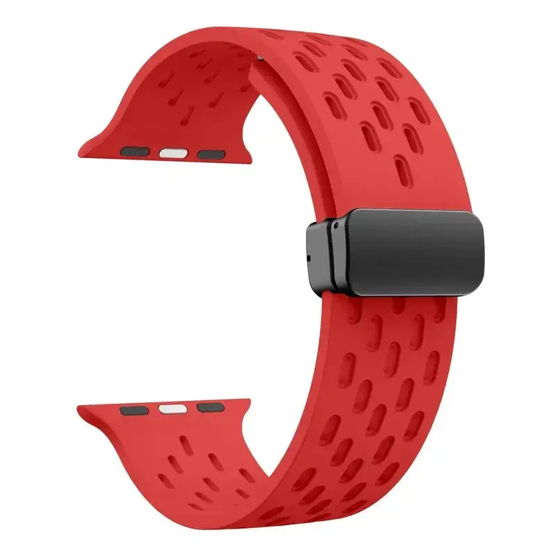 Red perforated silicone Apple Watch band with magnetic clasp