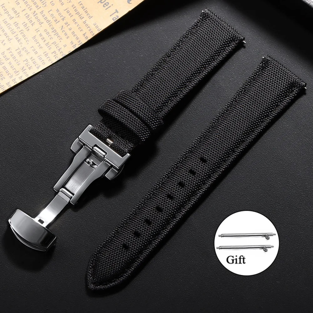 Polar Sailcloth Nylon Watch Band with Butterfly Clasp — Black