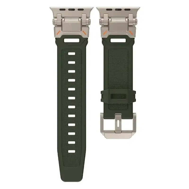 Olive Green / Titanium Tone silicone Apple Watch band with metal connectors