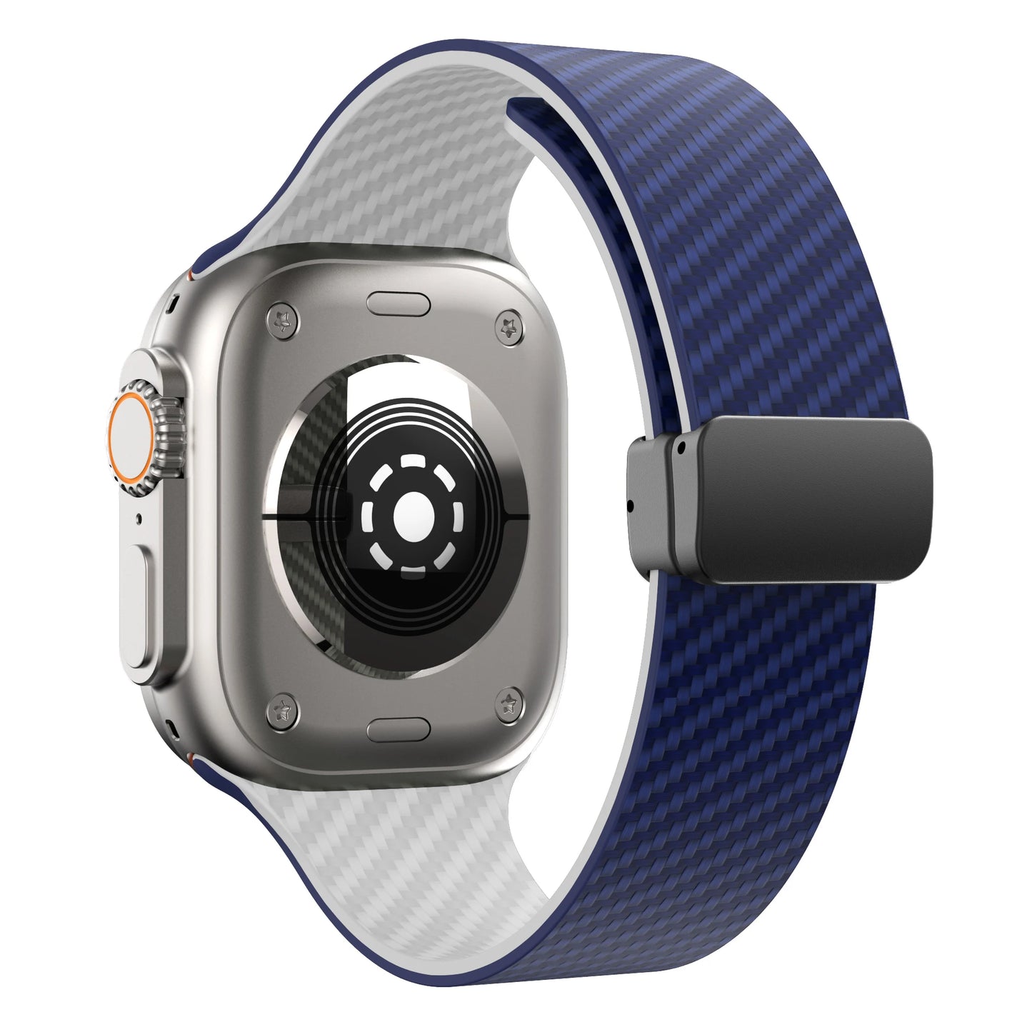 Apple Watch with blue silicone strap and magnetic buckle, showcasing durable design and stylish appearance.