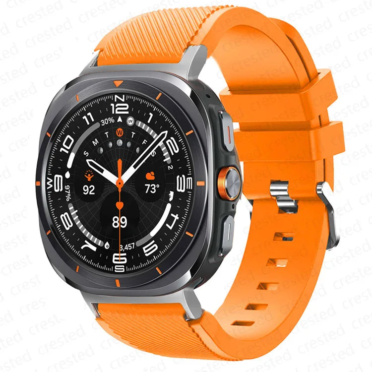 Samsung Galaxy Silicone Sport Watch Band - 20mm/Ultra+Ultra2 in orange color on a smartwatch, featuring a durable soft silicone design.