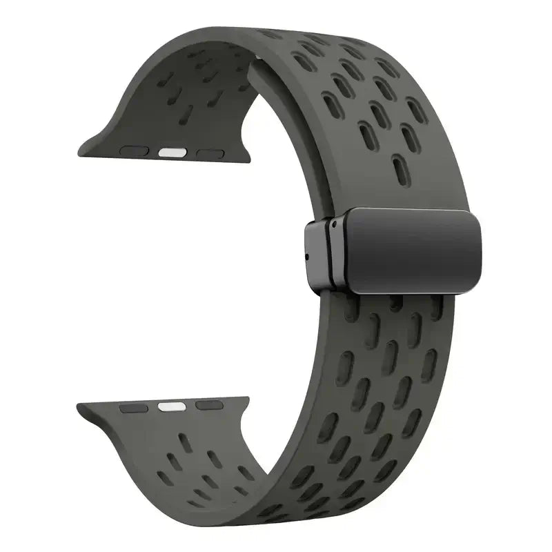 Olive Gray perforated silicone Apple Watch band with magnetic clasp