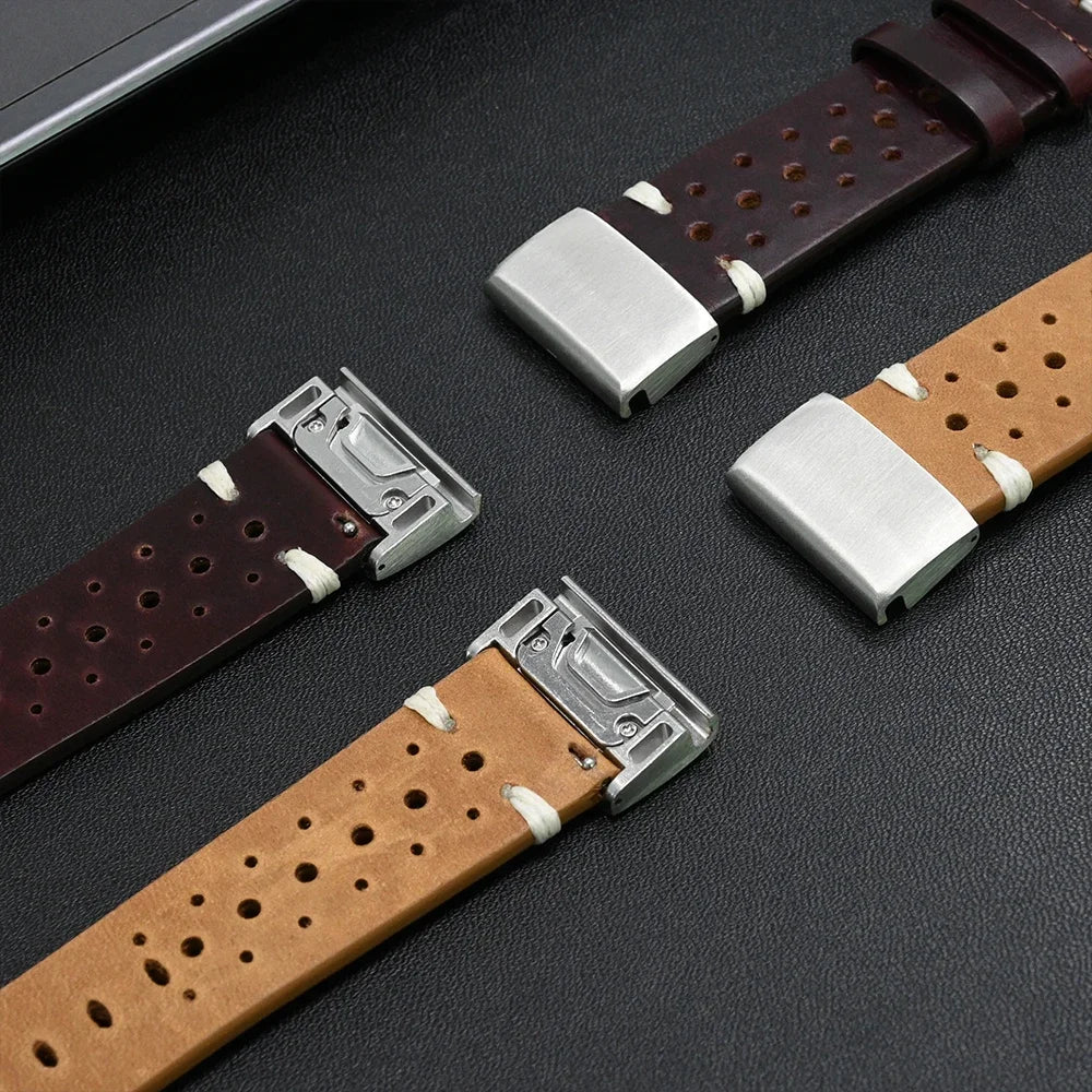 Garmin QuickFit Perforated Leather Band leather perforations and QuickFit connector close-ups