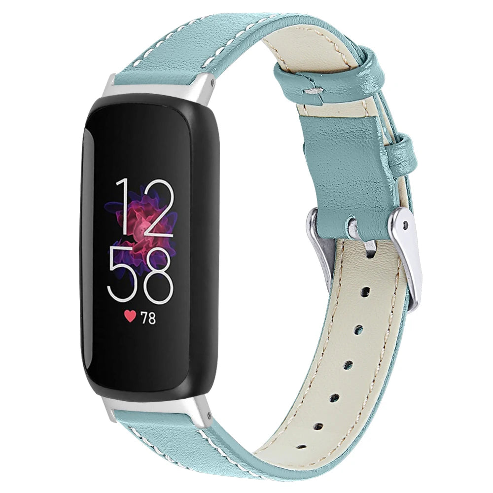 Fitbit Inspire 3 leather band in light blue, stylish and breathable smartwatch strap for comfort and elegance.