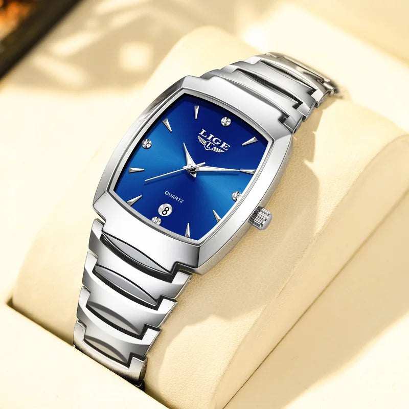 Women's Sculpted Bracelet Tonneau Quartz Watch — Silver Tone / Blue Dial — BandsCo Straps