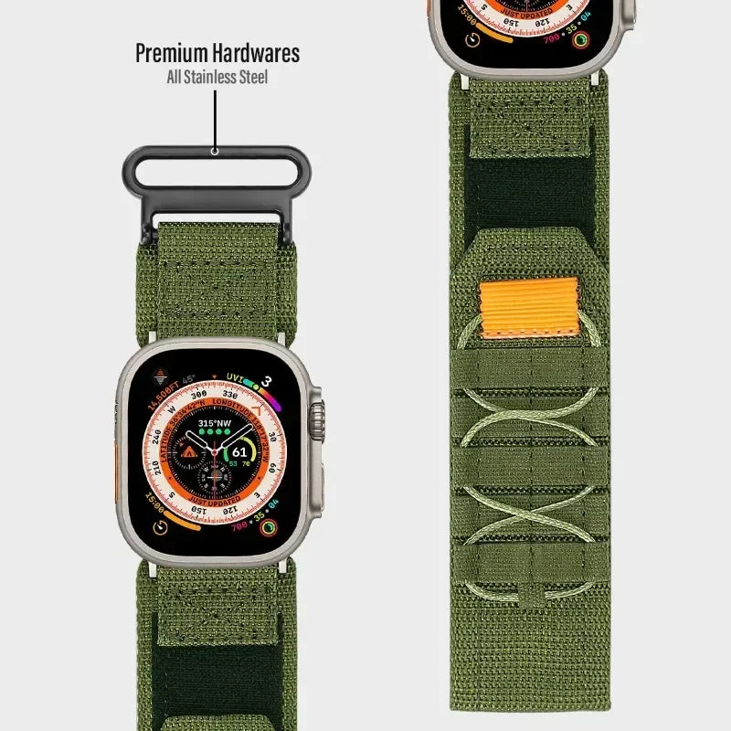 Apple Watch Nylon Tactical Loop Band with all stainless steel hardware in green, designed for durability and comfort.