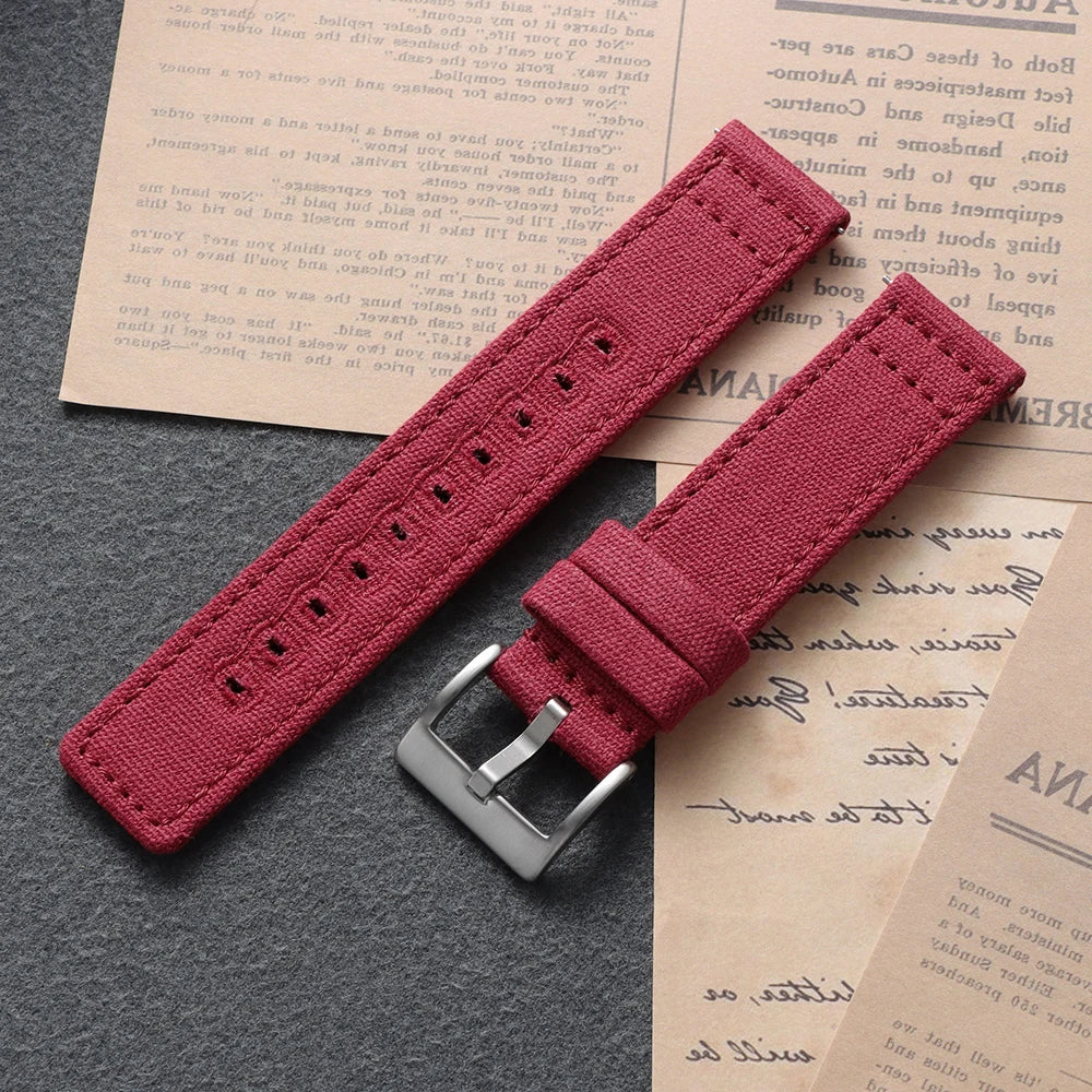 Stitched Canvas Nylon Band in Red with Silver Buckle