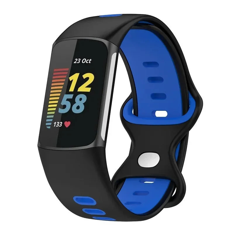 Fitbit Charge 5 with black and blue soft silicone strap, designed for comfort and style for smartwatch users.