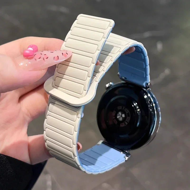 OnePlus Smartwatch Sport Magnetic Silicone Watch Band Strap in soft elastic parachute fabric, showing a close-up fit on wrist.