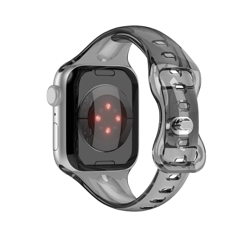 Apple Watch with transparent soft rubber strap showcasing a clear design, perfectly fitting the wrist for all-day comfort.