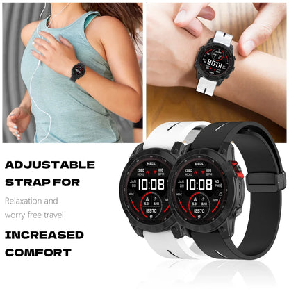 Garmin smartwatch with adjustable silicone strap for increased comfort, perfect for daily activities and exercise.