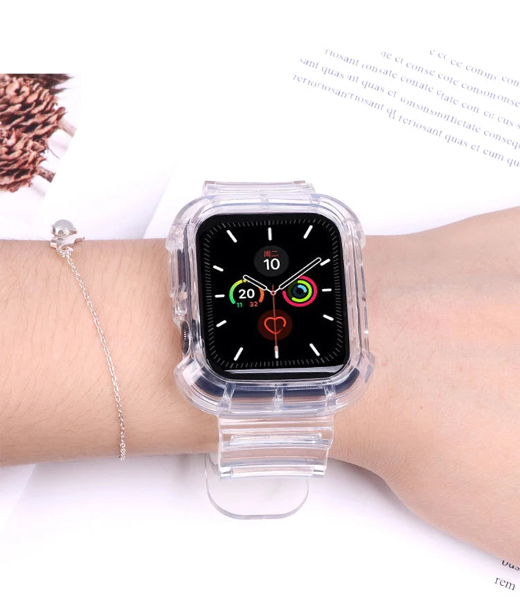 Apple Watch with transparent silicone strap on wrist, showcasing comfort and style for active lifestyles.