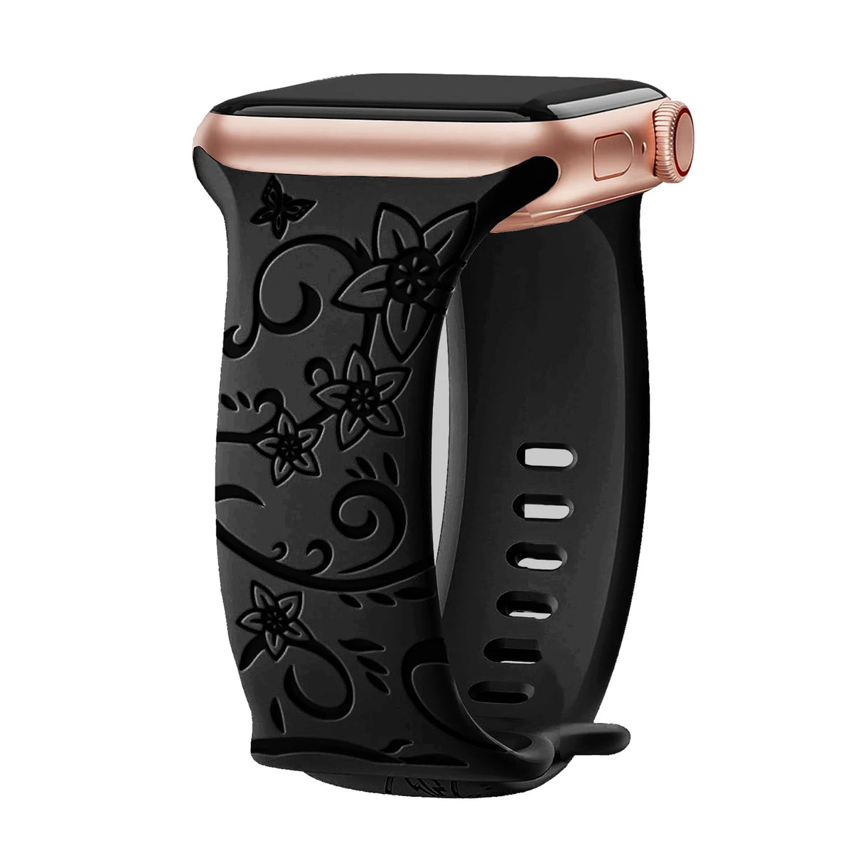 Engraved Botanical Silicone Apple Watch Band in Black / Floral Scroll