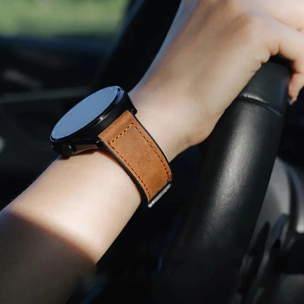 Leather and Silicone Magnetic Band in brown worn while driving