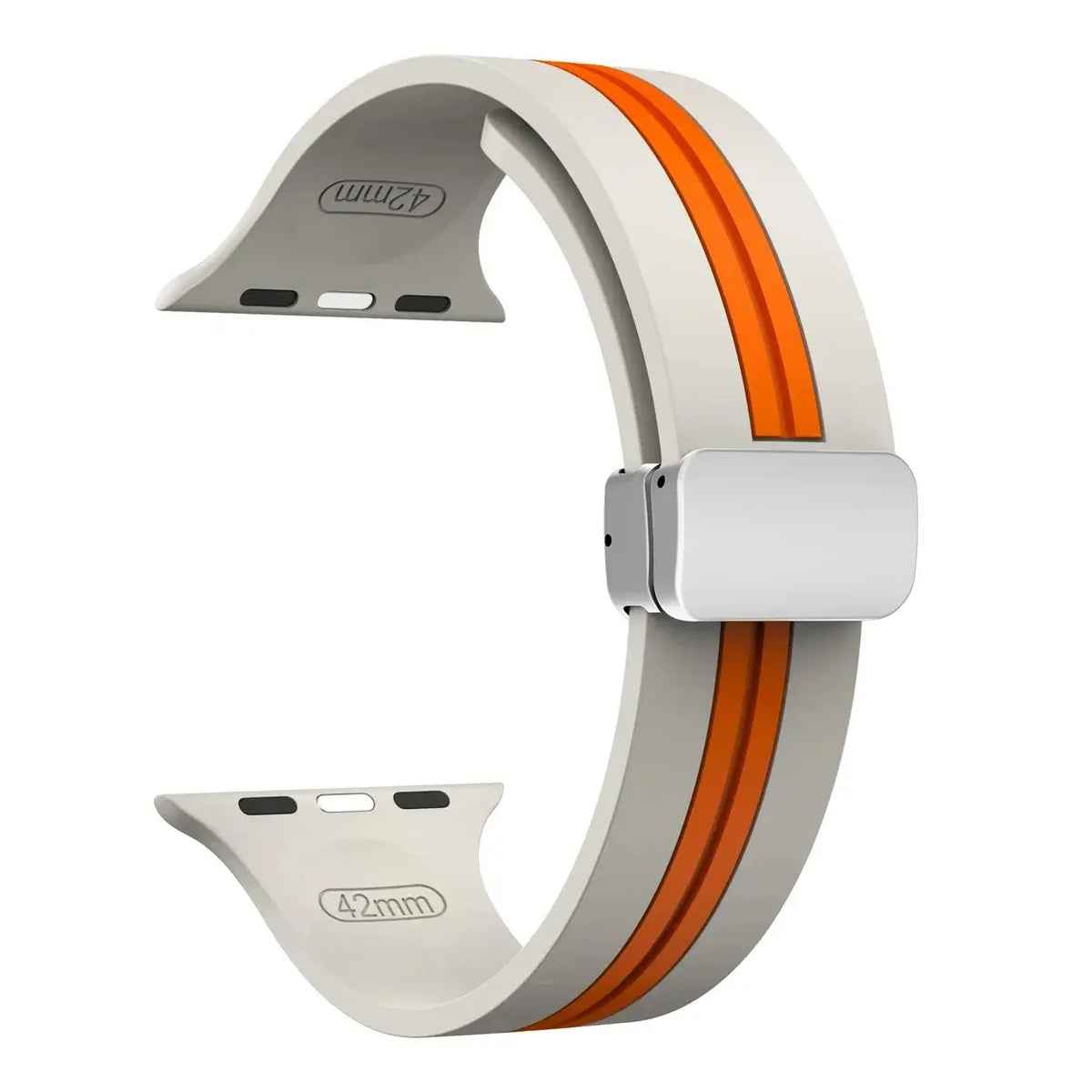 Ivory / Orange - Silver Clasp striped silicone Apple Watch band with magnetic clasp