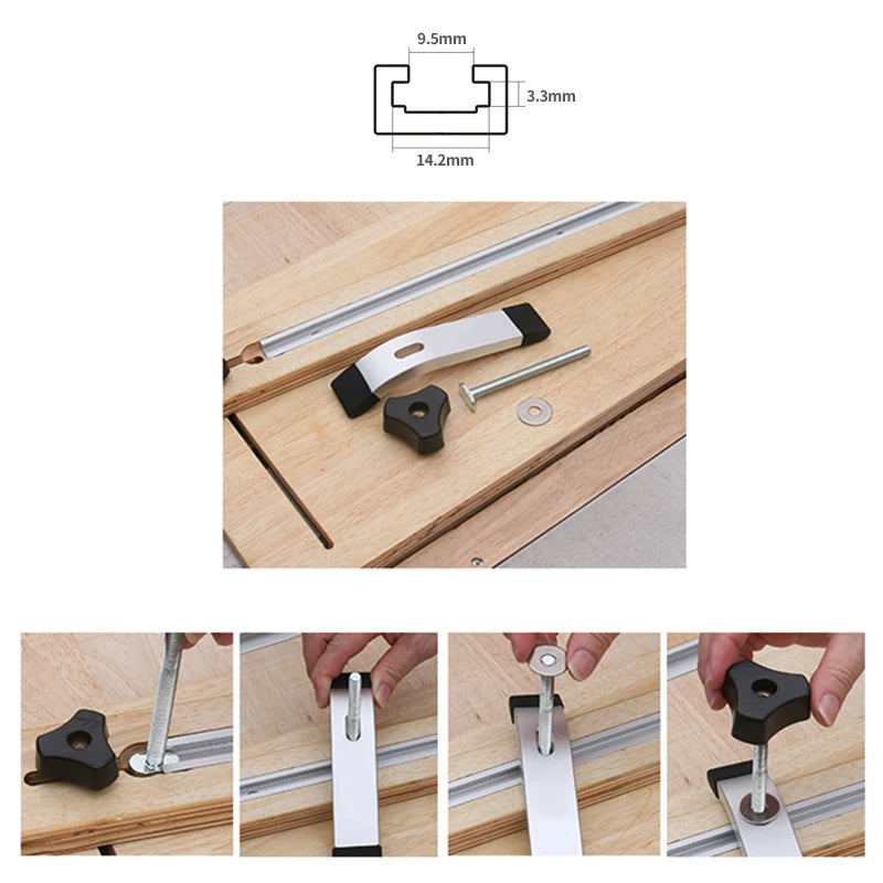 T-track hold-down clamp setup in a T-track