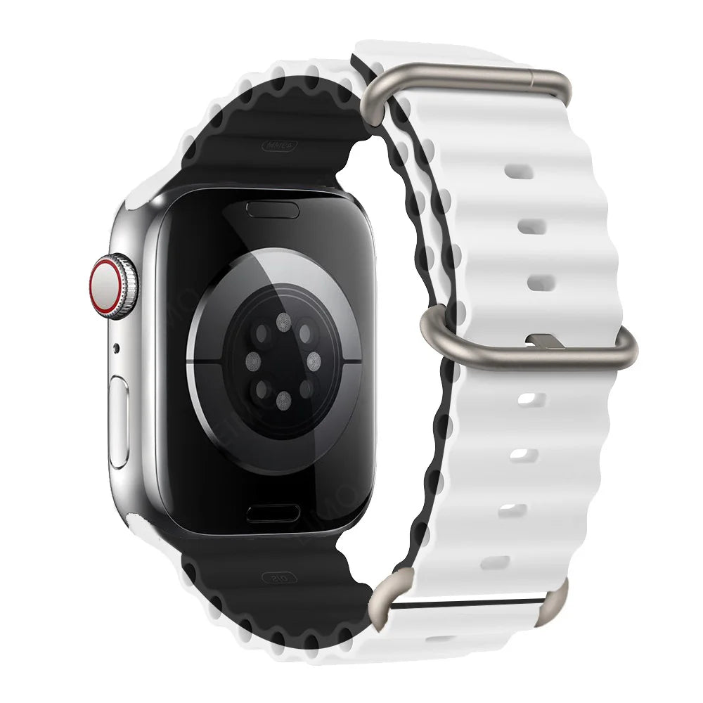 Apple Watch with a white waterproof silicone strap, designed for comfort and breathability during active lifestyles.