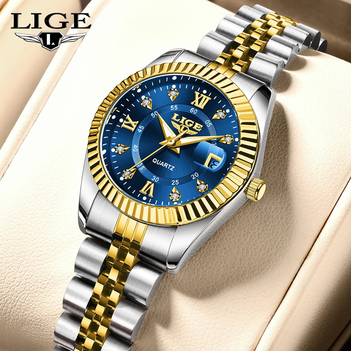 Women's 27mm Fluted Bezel Quartz Date Watch — Blue dial and bracelet close-up