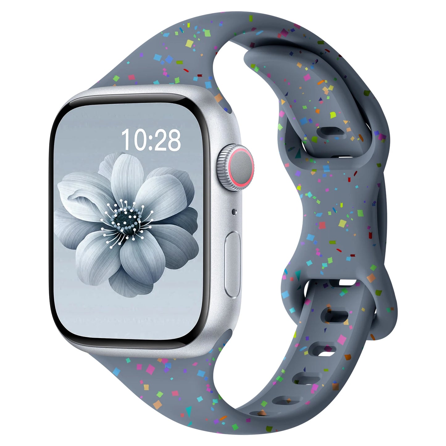 Apple Watch with colorful silicone band featuring a speckled design, showcasing style and comfort for all-day wear.