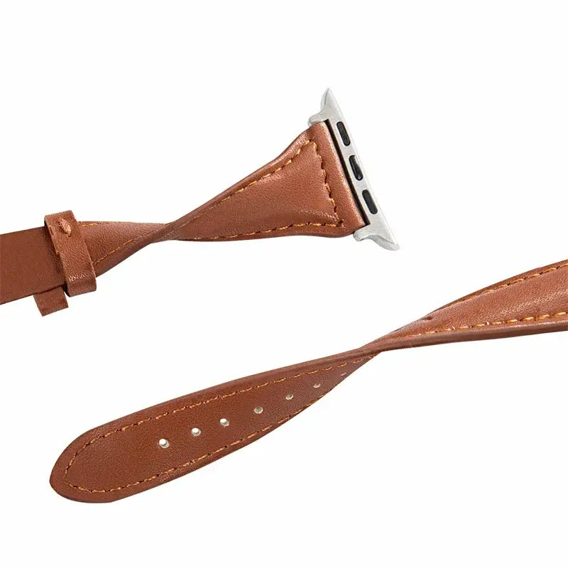 Close-up of leather Apple Watch strap flexibility and connectors