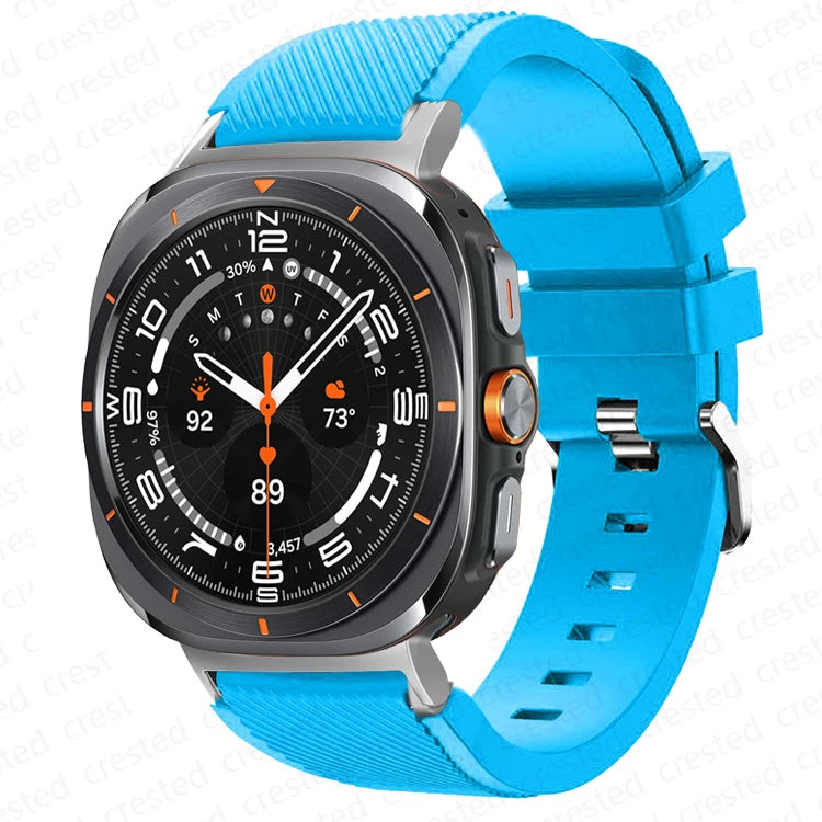 Samsung Galaxy Silicone Sport Watch Band - 20mm/Ultra+Ultra2 in blue with black watch face displaying time and stats.