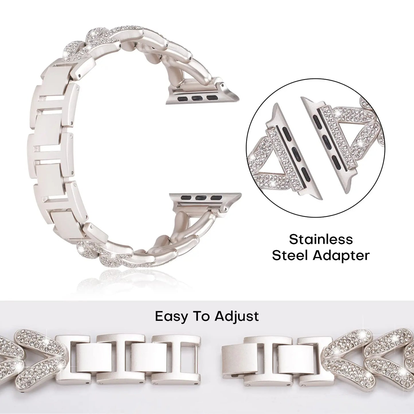 Apple Watch stainless steel band with sparkly crystal design and easy-adjust stainless steel adapter.