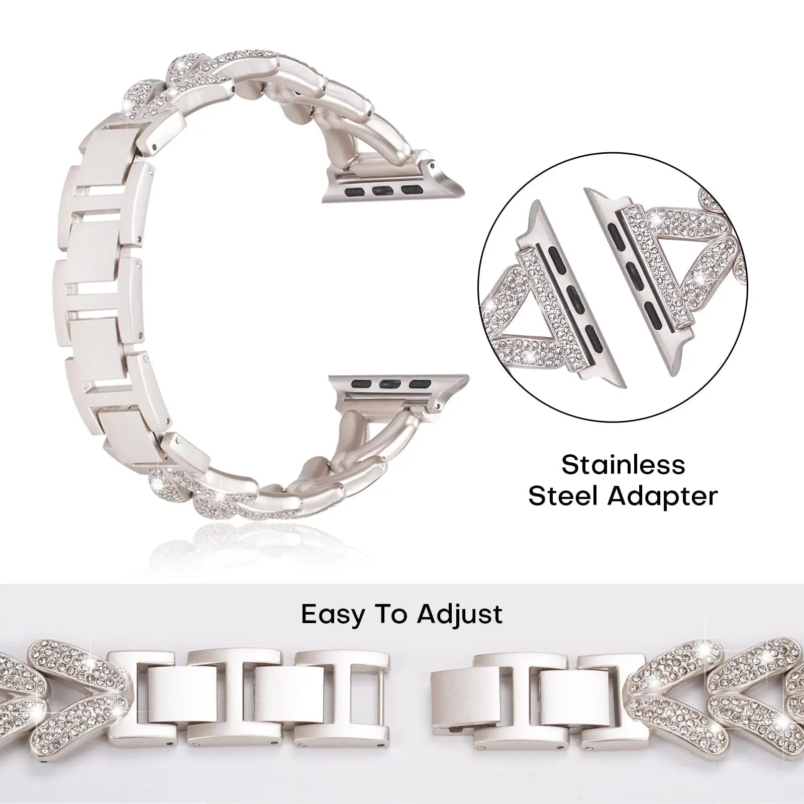 Apple Watch stainless steel band with sparkly crystal design and easy-adjust stainless steel adapter.