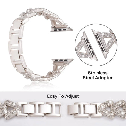 Apple Watch stainless steel band with sparkly crystal design and easy-adjust stainless steel adapter.