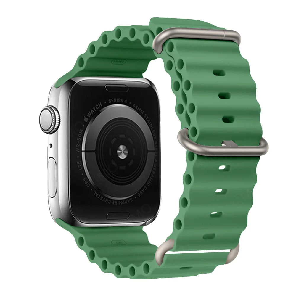 Apple Watch with green silicone strap, waterproof and breathable band for comfort and durability.