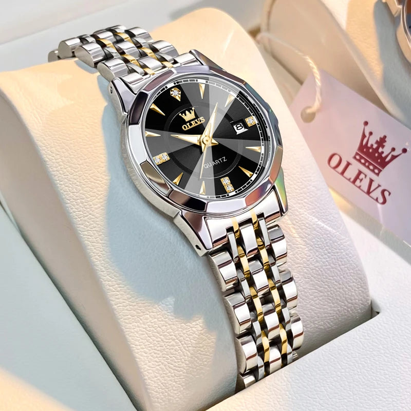 Women's Faceted Dial Quartz Bracelet Watch — Two Tone / Black Dial — BandsCo Straps