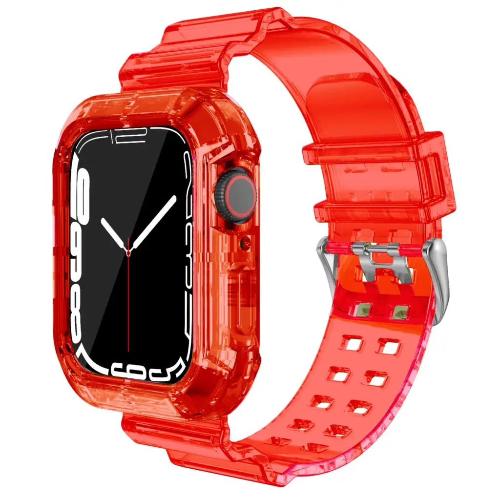 Apple Watch with transparent red silicone strap, offering comfort and style for any occasion.