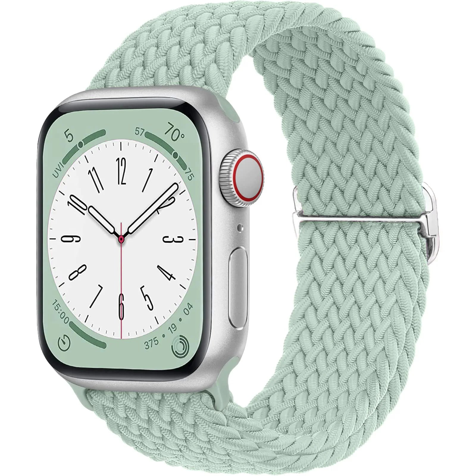 Apple Watch with braided soft elastic nylon strap in mint green, offering comfort and style for daily wear.