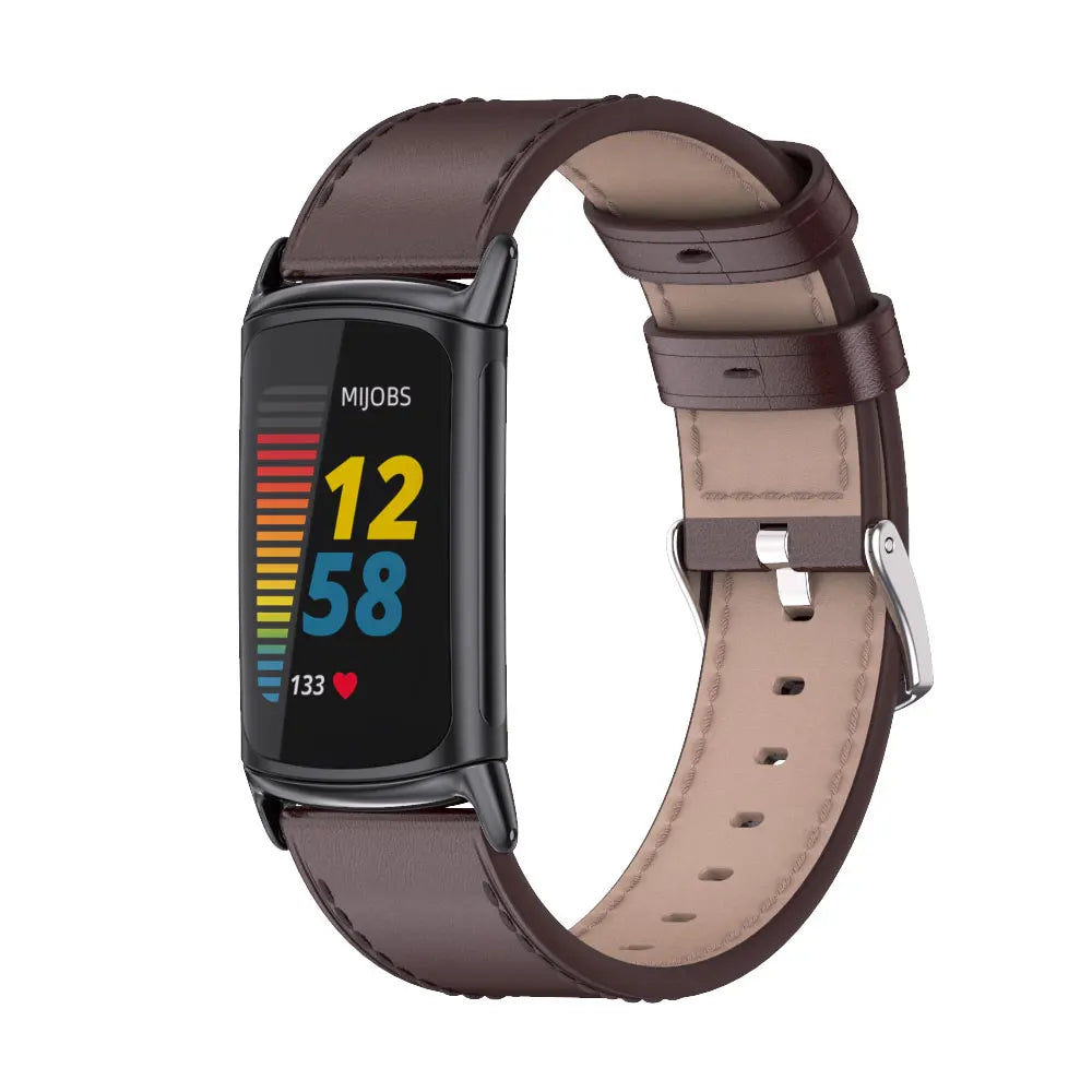 Fitbit Charge 6 with stylish brown leather strap showing fitness data and colorful heartbeat monitor.