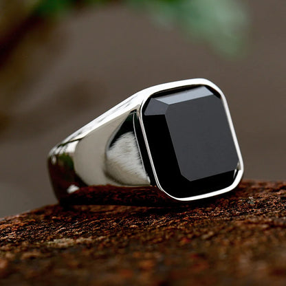 Black Agate Inlay Ring, Stainless Steel - view 1