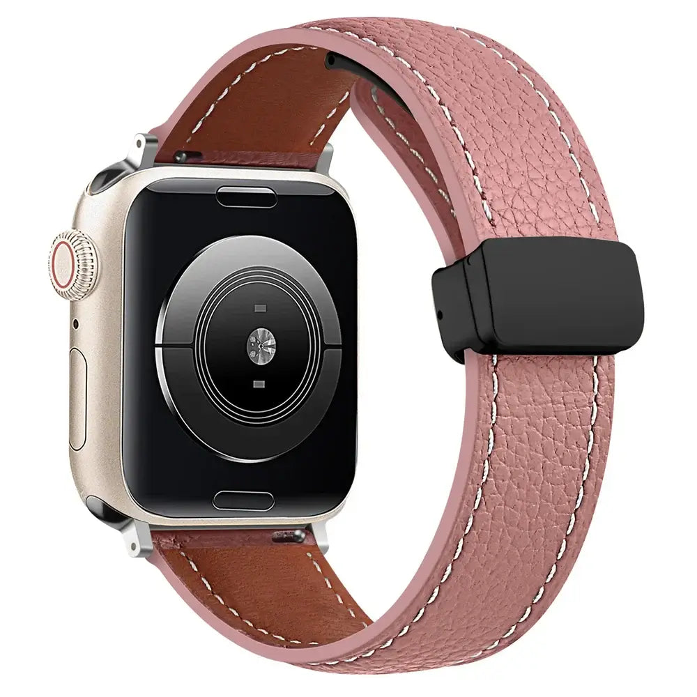 Stitched leather Apple Watch band in Dusty Pink, with black folding clasp.