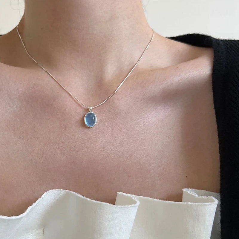 Oval Blue Simulated Moonstone Pendant Necklace, 925 Sterling Silver, photo 4