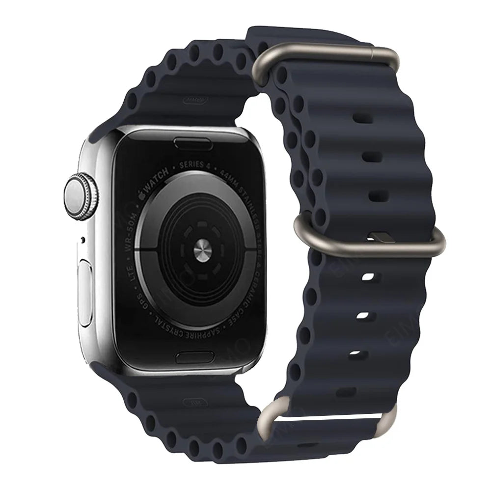 Apple Watch with navy silicone strap, waterproof and breathable, designed for comfort and active lifestyles.