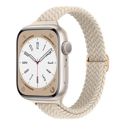 Apple Watch with soft breathable nylon braided band in beige color, stylish and comfortable for all-day wear.